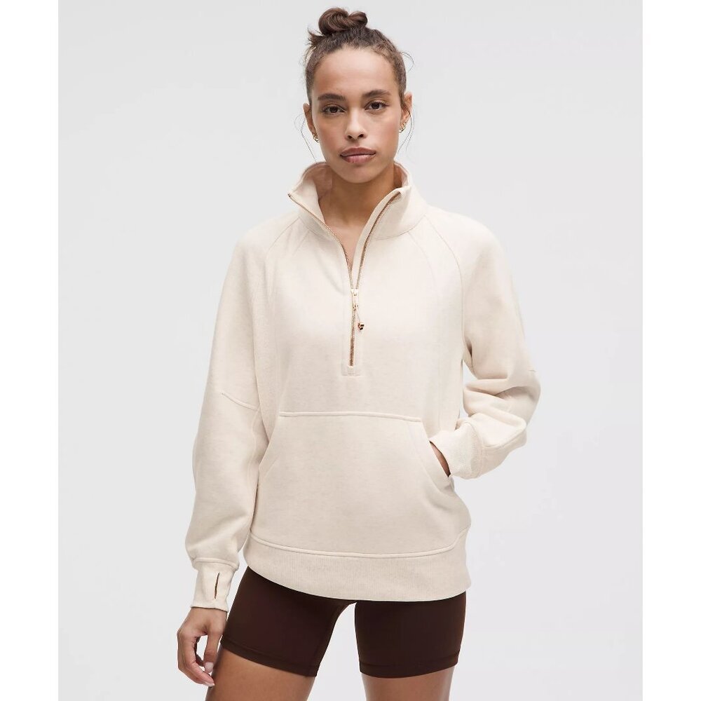 Scuba Oversized Funnel-Neck Half Zip Long - Heathered Light Ivory/Gold - Picture 2 of 4